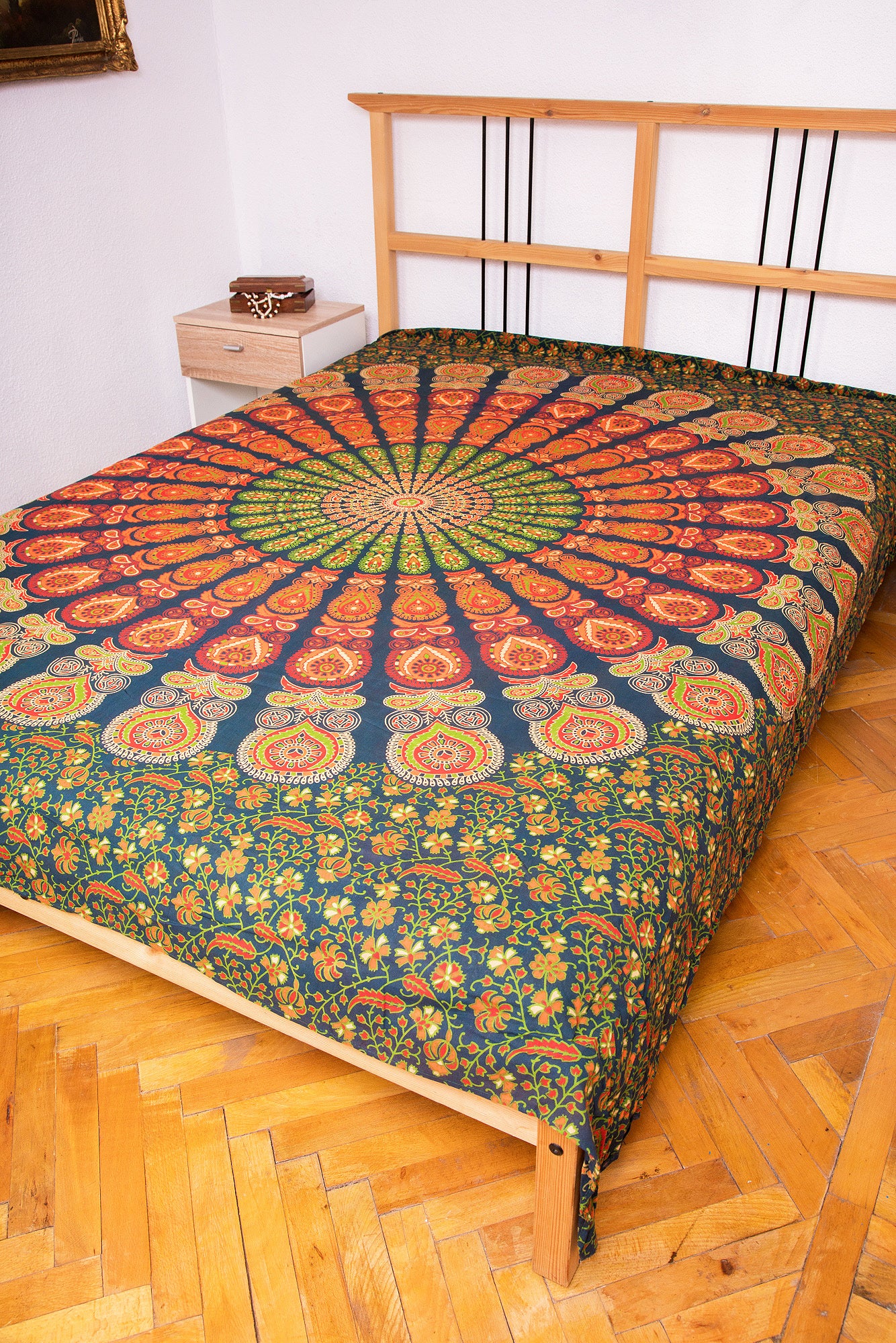 Double duvet dark green orange peacock tail(Cuvertura dubla verde inchis coada de paun portocalie)240cmX200cm
