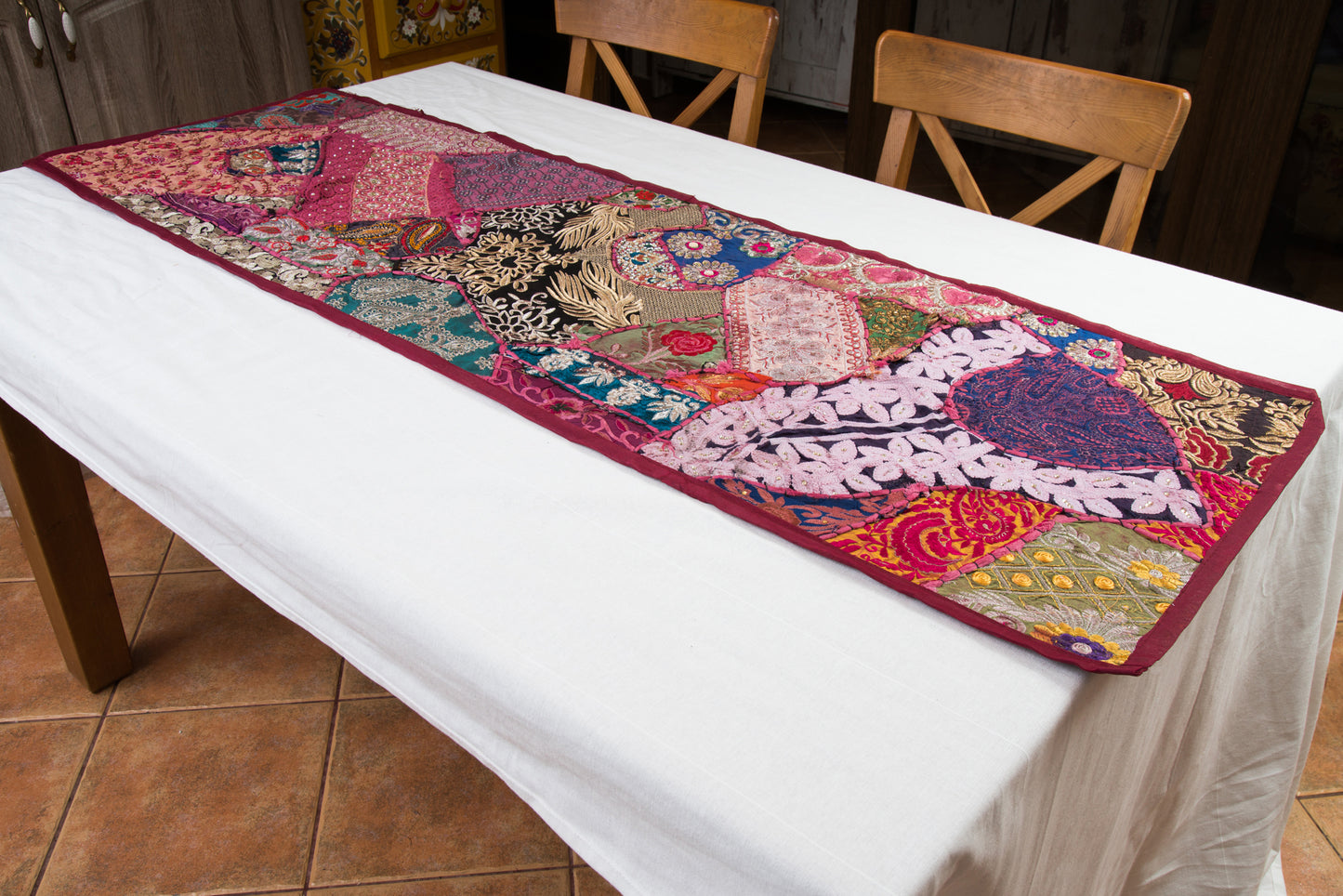 Handmade burgundy Table Runner ( Fata de masa visinie)150cm X 50cm