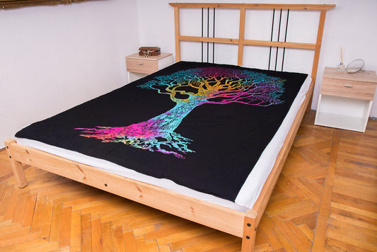 Black blanket with multicolored Tree of Life print(Cuvertura neagra cu print multicolor Tree of Life)200cmX160cm