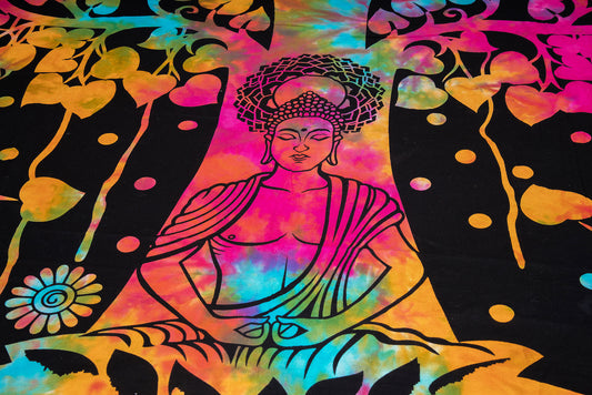 Black blanket with multicolored Tree of Buda print(Cuvertura neagra cu print multicolor Tree of Buda)200cmX160cm