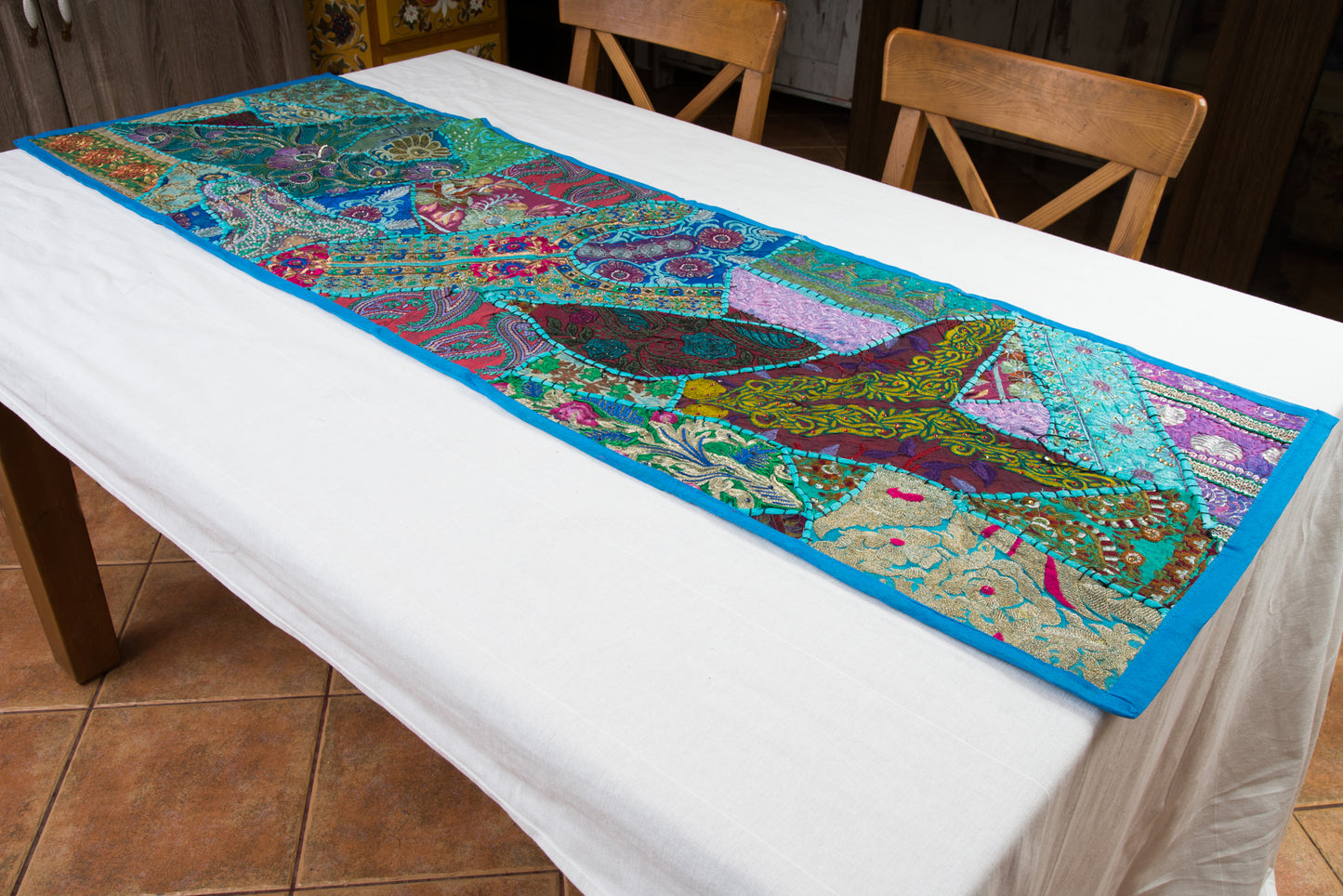 Handmade light blue Table Runner ( Fata de masa albastru deschis)150cm X 50cm